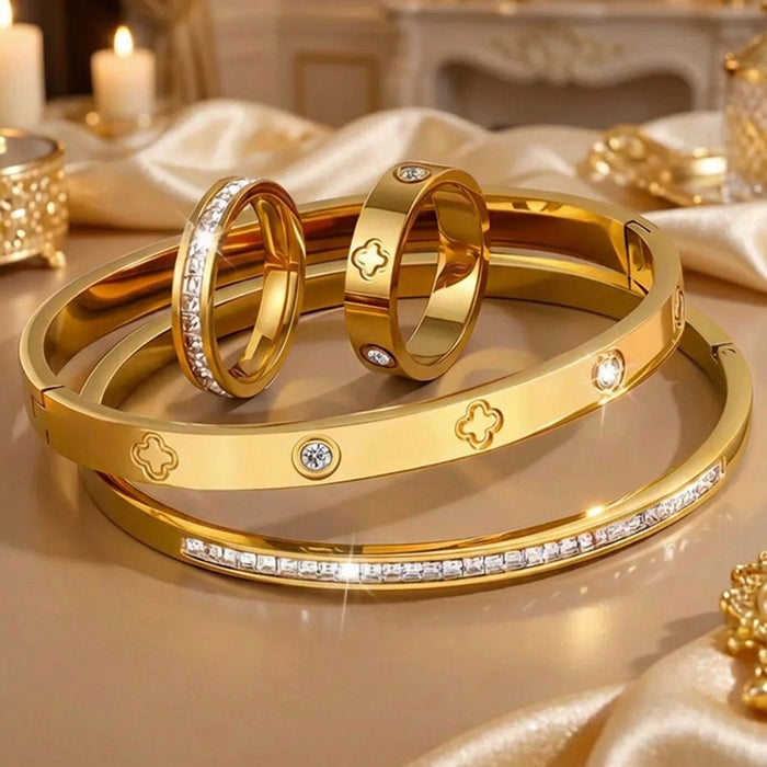 Wholesale Waterproof Stainless Steel Four-Leaf Clover Ring and Bracelet Set with Diamonds