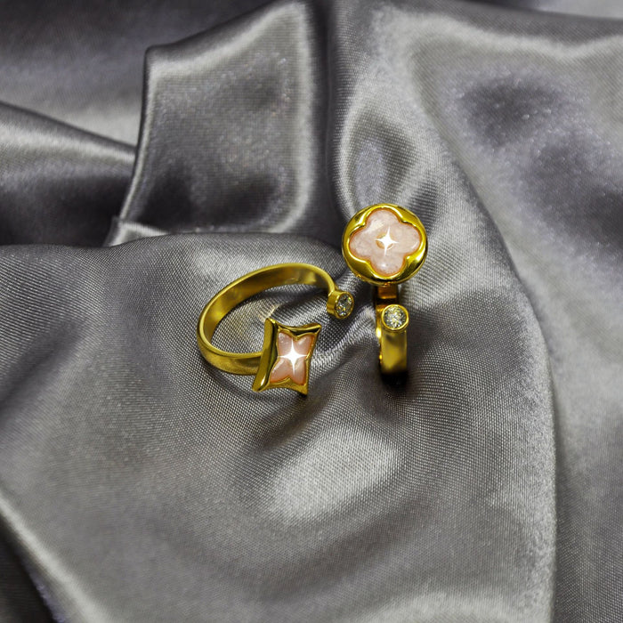 Wholesale Sharp flower round cake ring, light luxury mother of pearl plated 18K gold four leaf clover ring