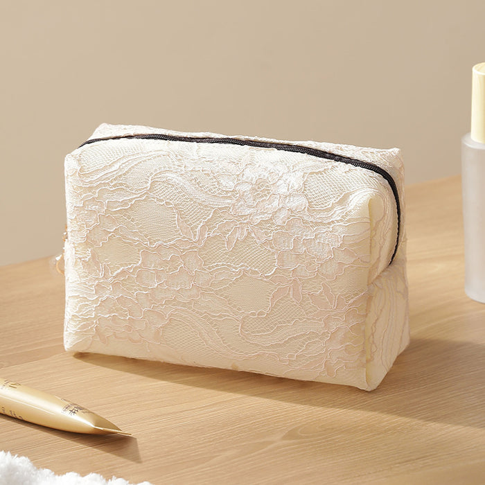 Wholesale Lace Mesh Makeup Bag Large Travel Cosmetic Organizer Stylish Beige