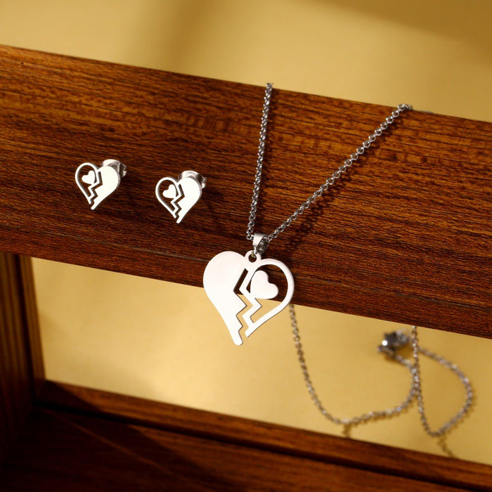 Wholesale Heart shaped heart-shaped stainless steel necklace earring set, fashionable and personalized jewelry set