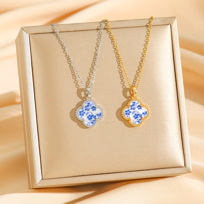 Wholesale 2pcs Gold Blue White Porcelain Four Leaf Clover Titanium Steel Pendant Necklace