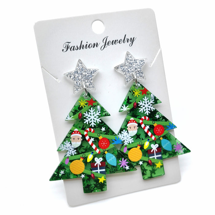 Wholesale Christmas acrylic double-layer three-dimensional earrings Christmas tree bells bright color holiday party earrings
