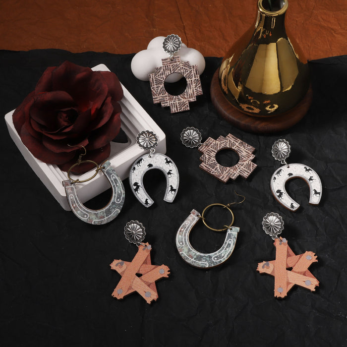 Wholesale Wooden Printing Retro Stars Oval Irregular Quadrilateral Earrings Personalized