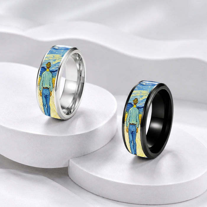 Wholesale Vintage Oil Painting Transfer Stainless Steel Ring Fashion Jewelry Accessory