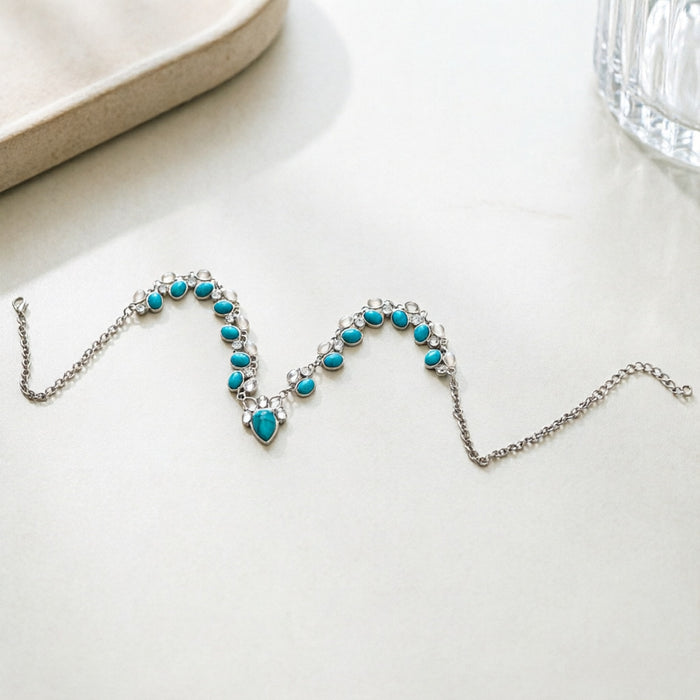 Wholesale Trendy Retro Flower Pendant Necklace For Women Turquoise Color Alloy Silver Plated Chain Jewelry Boutique Resale