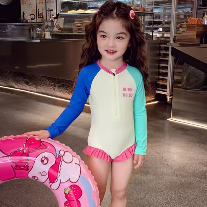 Wholesale Girls' Swimwear Children's Polyester Long Sleeve  Girl Hot Spring Dopamine Color-matching Swimsuit for Vacation