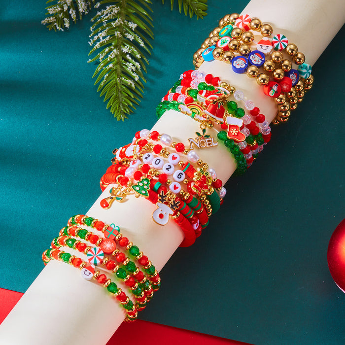 Wholesale Christmas atmosphere bracelet for women Christmas tree gift box letter soft clay elastic beaded stacking bracelet