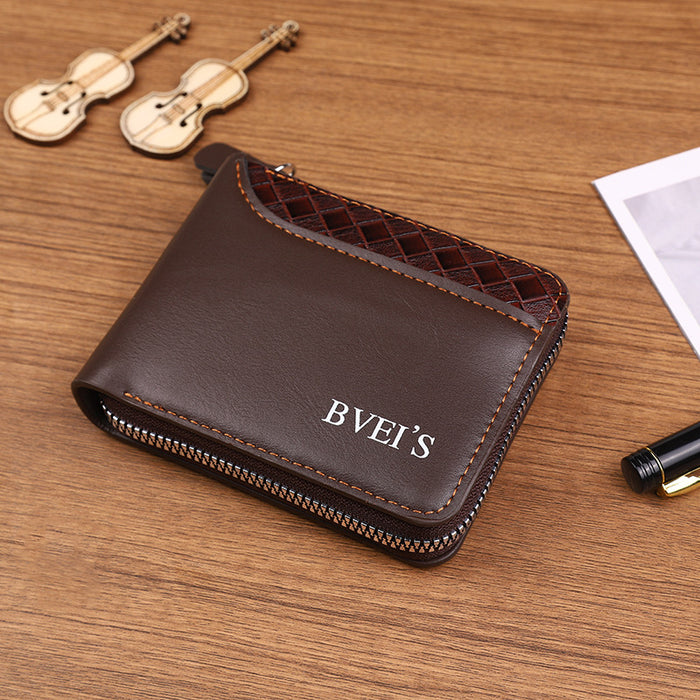 Wholesale PU Leather Men' s Zipper Wallet Plaid Pattern Black MOQ≥2