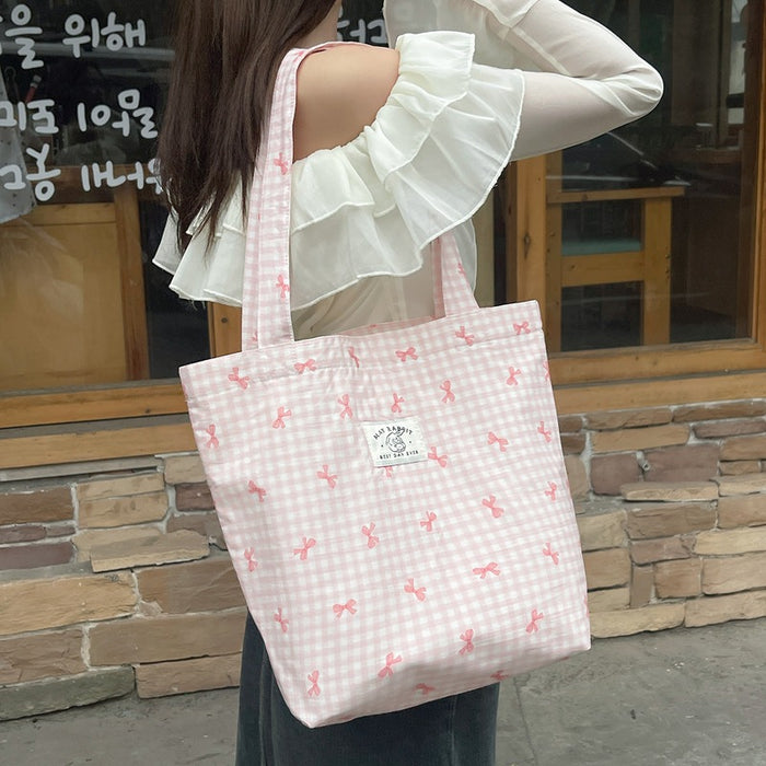 Wholesale New Checkered Bow Printed Canvas Bag Art Shoulder Bag