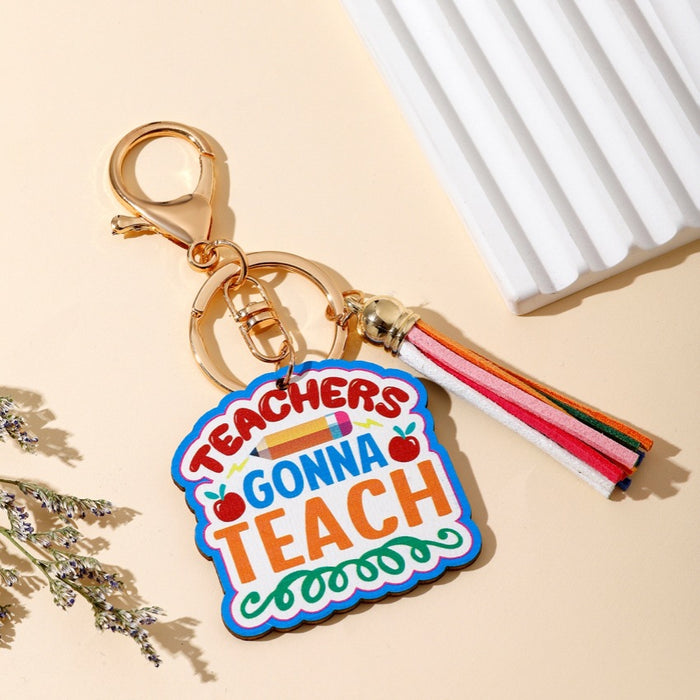 Wholesale Graduation Season Teacher Rainbow Wooden Sign Tassel Keychain JDC-KC-WoD003