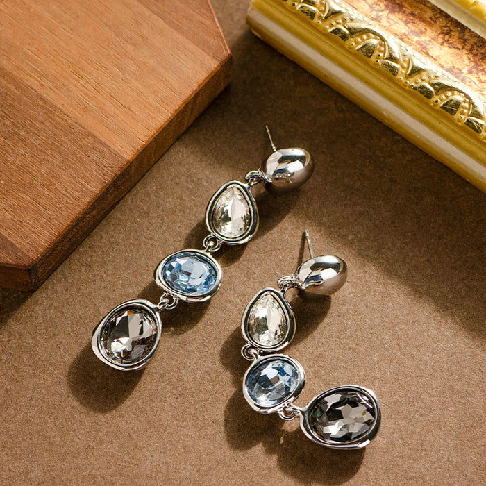 Wholesale Fashionable and exquisite vacation style colorful crystal gemstone tassel earrings with high-end feel, long silver needle earrings