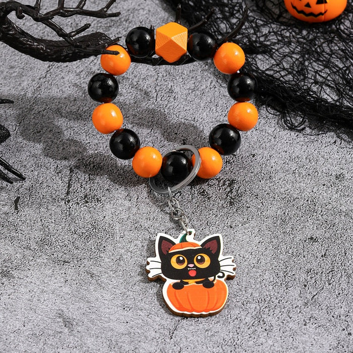 Wholesale Halloween Wooden Ghost Pumpkin Spider Bracelet Keychain JDC-KC-RongRui028