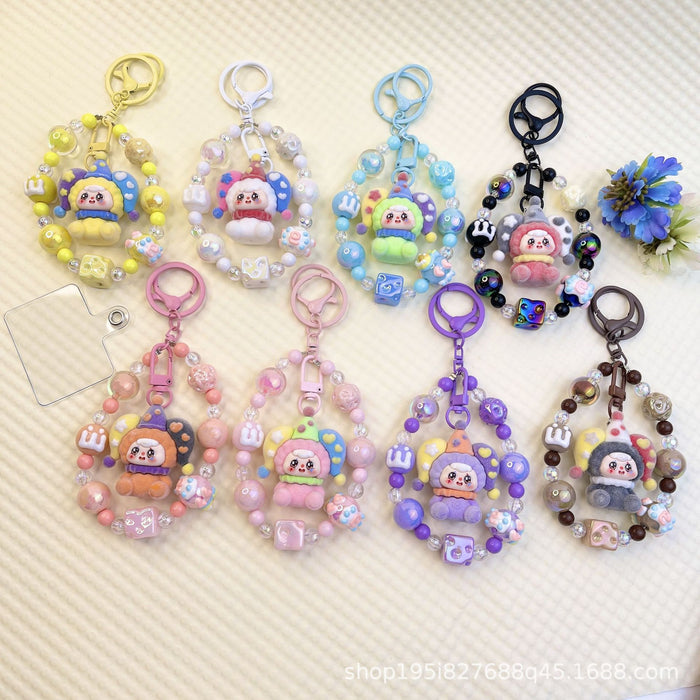 Wholesale Flocking sitting funny colorful beaded mobile phone chain keychain bag doll pendant accessories