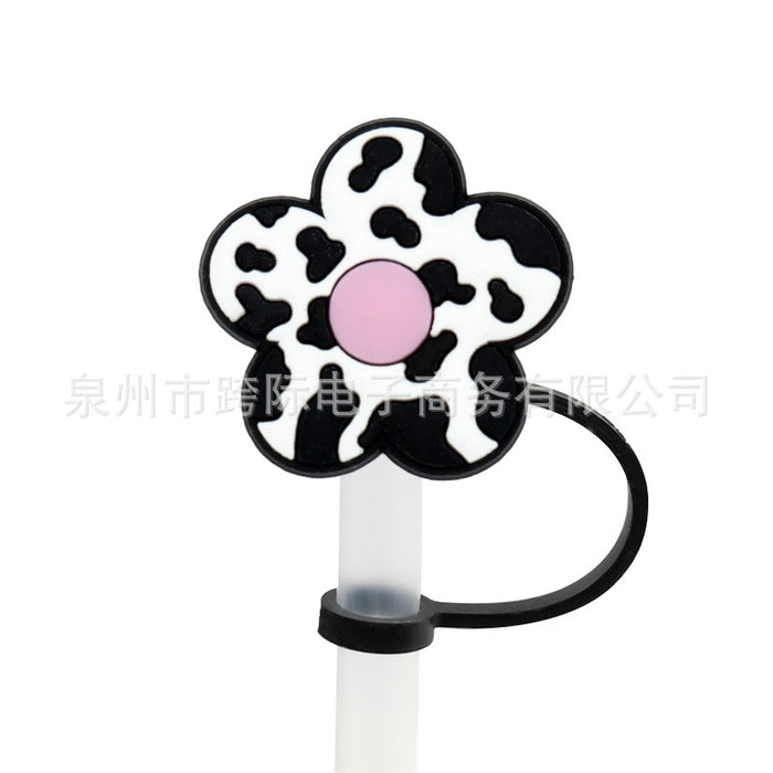 Wholesale New Love Leopard Pattern Straw Cover Straw Cap Silicone Dustproof Stopper Cute Anime Party Straw Decoration Cross border Product