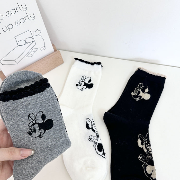 Wholesale Pure Cotton Black Mickey Socks Women's Mid-tube Socks Spring and Autumn All-match Cute Cartoon Ins Fashionable Socks