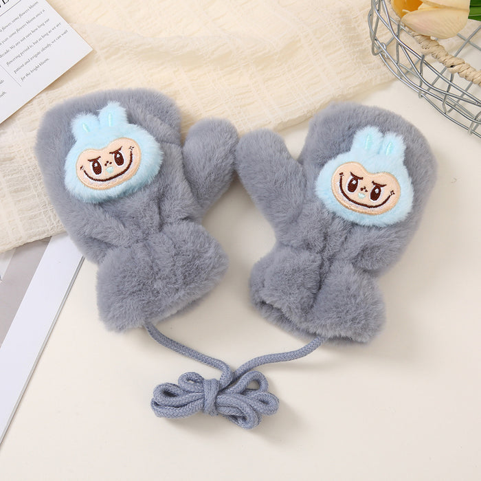 Wholesale Cute cartoon-style faux rabbit fur thickened kids' gloves with drawstring to prevent loss