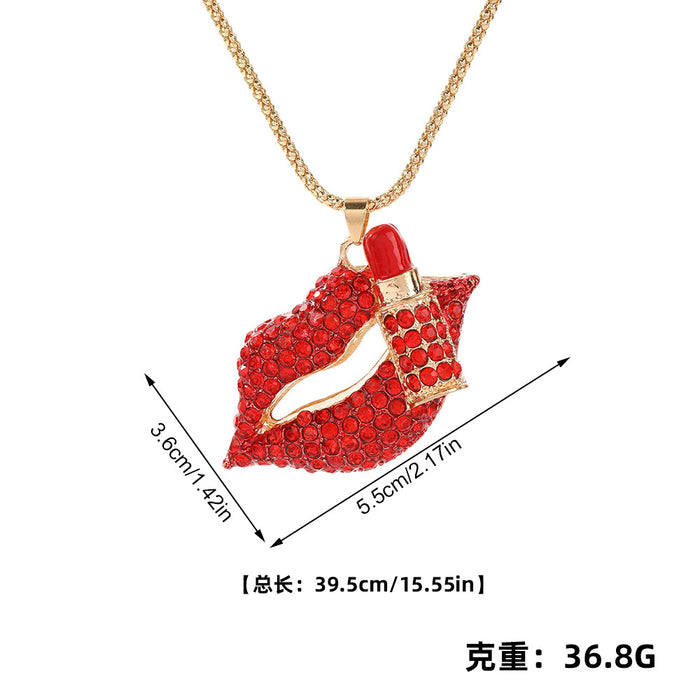 Wholesale Red Lips Rhinestone Zinc Alloy Sweater Chain Necklace