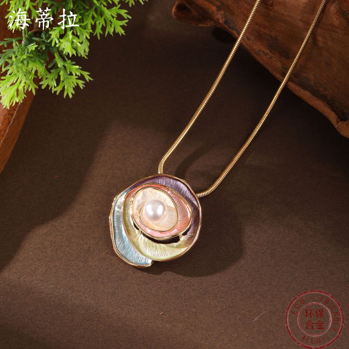 Wholesale Enamel Pearl Inlaid Rose Pendant,  High-End Versatile Rose Necklace