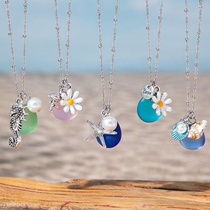 Wholesale Zinc alloy starfish and seashell pendant necklace with glass chain