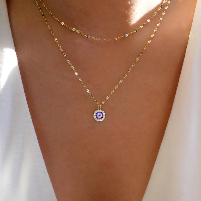 Wholesale Crystal new gold-plated Devil's Eye double-layer necklace, fashionable and personalized alloy pendant, sweater chain