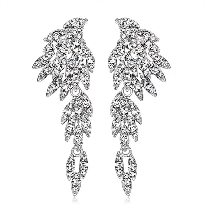 Wholesale Exaggerated earrings with fashionable tassels, long alloy and diamond studded earrings, crystal wing earrings