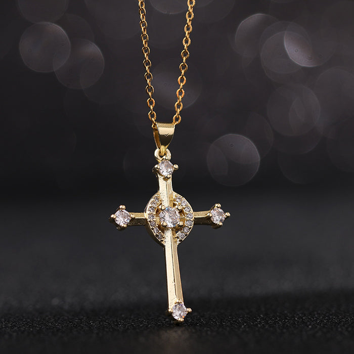 Wholesale Copper Inlaid Zircon Cross Pendant Necklace JDC-NE-ShangY035