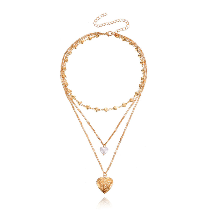Wholesale Temperament multi-layer heart chain pearl openable heart pendant necklace for women