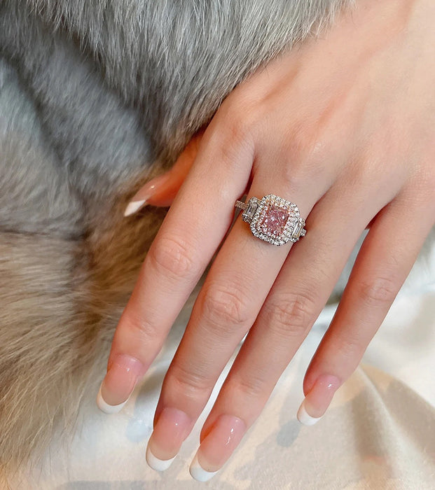 Wholesale Princess Powder Luxury Flash Diamond Pink Diamond Ring Super Flash Micro Set Square Pink Diamond Index Finger Jewelry