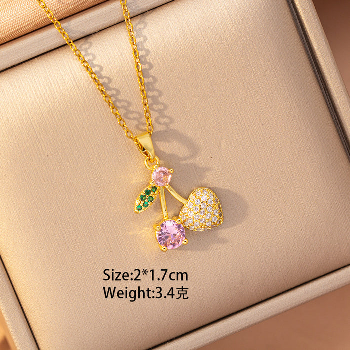 Wholesale Diamond Cherry Necklace Women's Earrings Titanium steel choker necklace Set