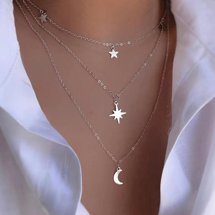 Wholesale Exaggerated alloy star pendant, street moon, multi-layer layered necklace