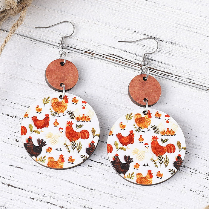 Wholesale Cute Chicken Lover Earrings Farm Animal Earrings Personalized Double-Sided Wooden Round Earrings