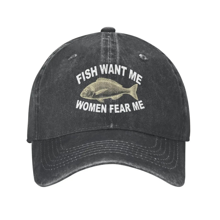 Wholesale Trendy Vintage Washed Baseball Cap Funny Fish Want Me Slogan Adjustable Black Sun Hat For Summer Parties Resale
