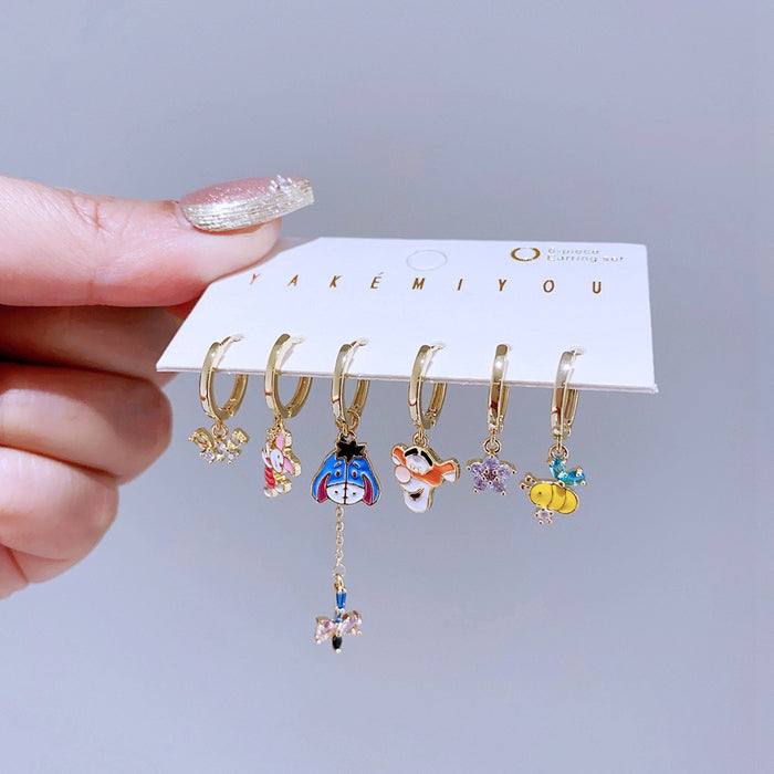 Wholesale   Cute Cartoon Ear Buckle 6-piece Set Color Drop Glaze Asymmetric Earrings Earrings