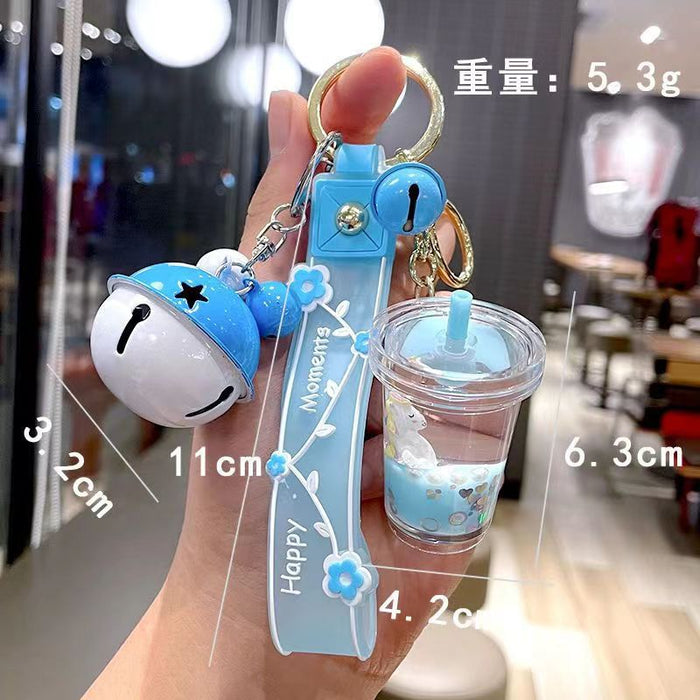 Wholesale Cute milk tea cup unicorn oil quicksand key chain rainbow horse bag hanging ornaments grab baby machine small gifts