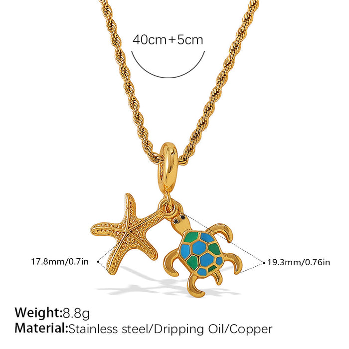 Wholesale Seaside holiday style turtle and starfish pendant necklace gold-plated diamond jewelry