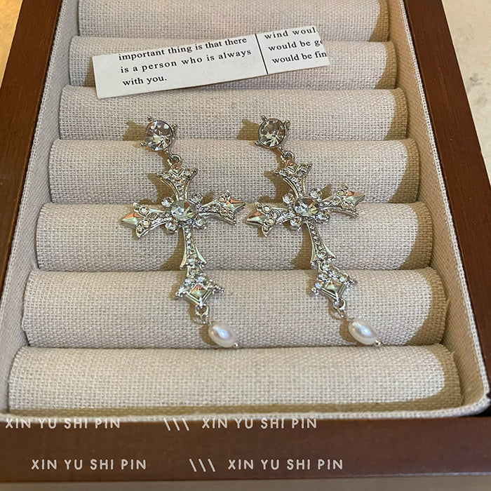 Wholesale Cross shiny zircon earrings, niche retro temperament, pearl pendant earrings, studs earrings