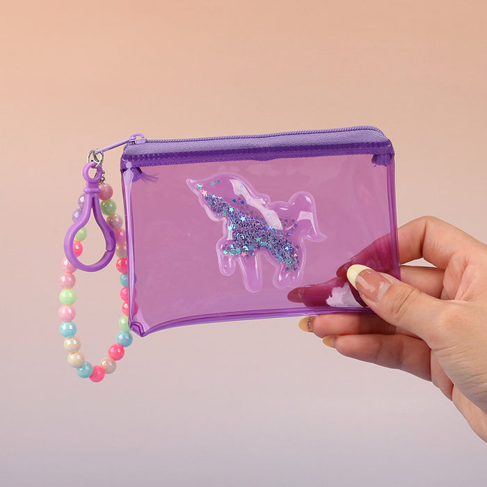 Wholesale Waterproof Unicorn PVC Transparent Card Bag With Quicksand Design Pink Bead Chain Coin Purse