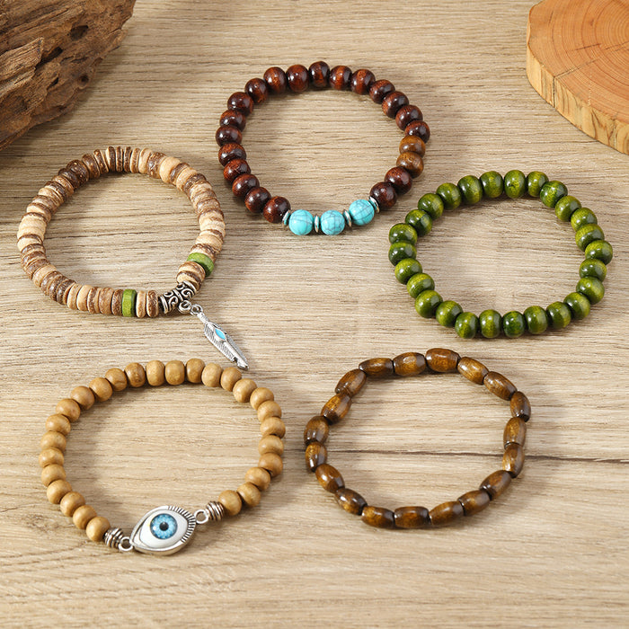 Wholesale Evil eye turquoise and feather 5-piece set wooden bead stretch bracelet