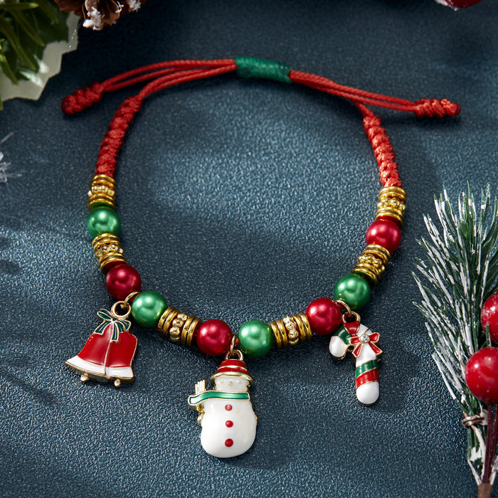 Wholesale Christmas Snowman Bell Cane Beaded Bracelet Handmade Alloy Adjustable Jewelry Accessory