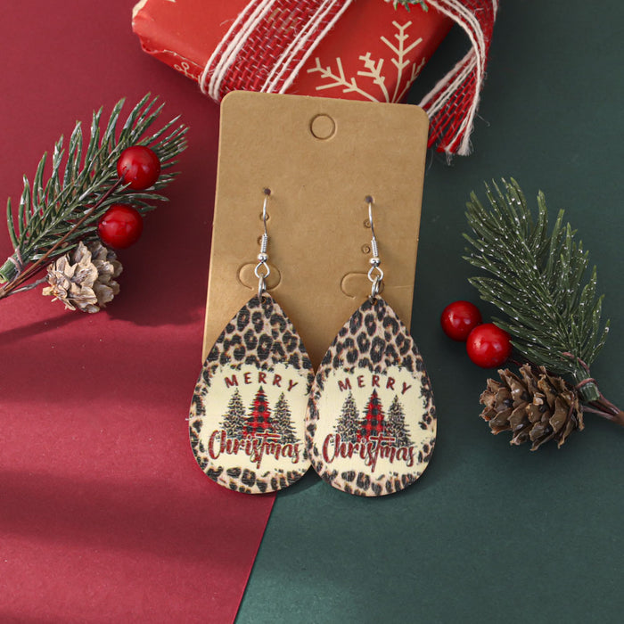 Wholesale Cartoon Christmas element printed wooden earrings for women Christmas tree earrings