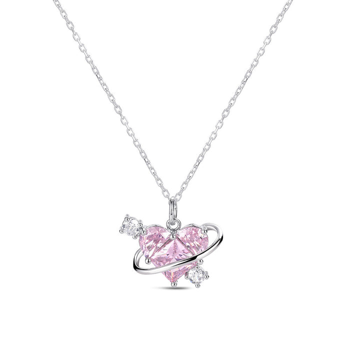 Wholesale Diamond planet pendant necklace, light luxury pink heart-shaped collarbone chain