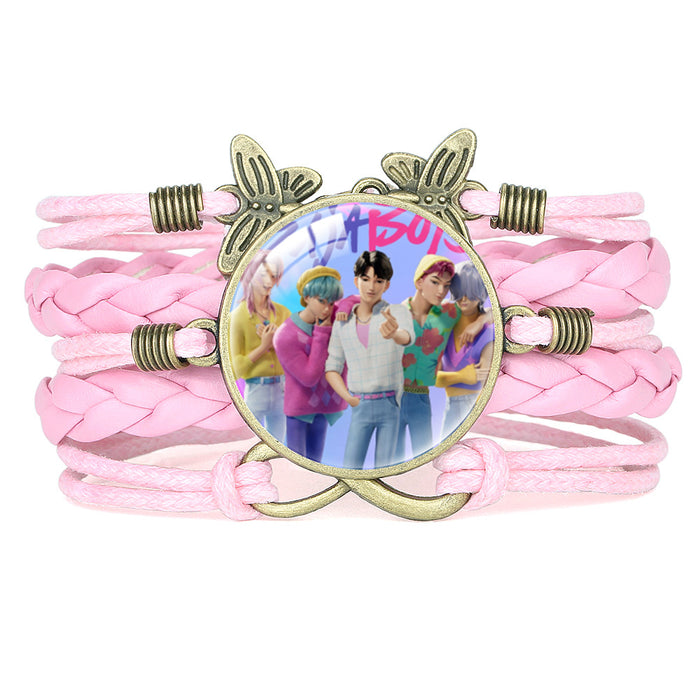 Wholesale KPOP Retro Butterfly Combination Cute Pink Multi-Layer Braided Girl Bracelet