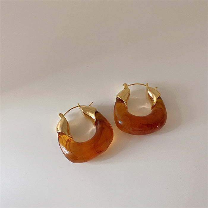 Wholesale Retro geometric U-shaped colored transparent resin and metal earrings