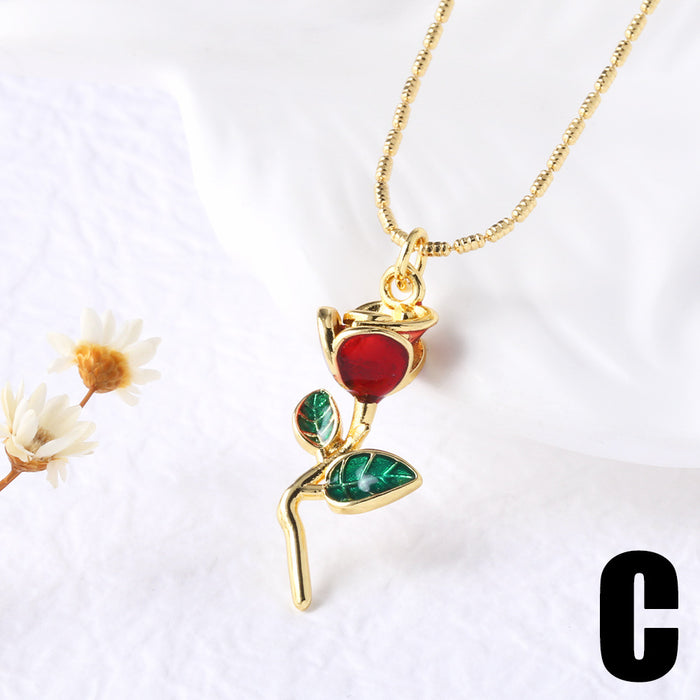 Wholesale  Jewelry Red Mushroom Pendant Necklace Women's Gold Plated Oil Drop Flower Collarbone Chain