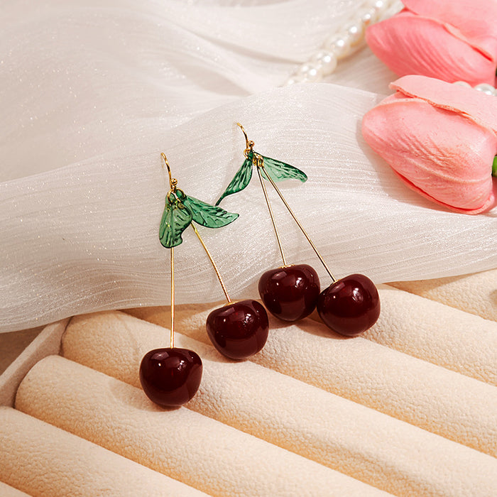 Wholesale Fruit Cherry Earrings Internet Celebrity Ins Delicate Green Leaf Earrings Cartoon Cute Elegant Student Resin Earrings