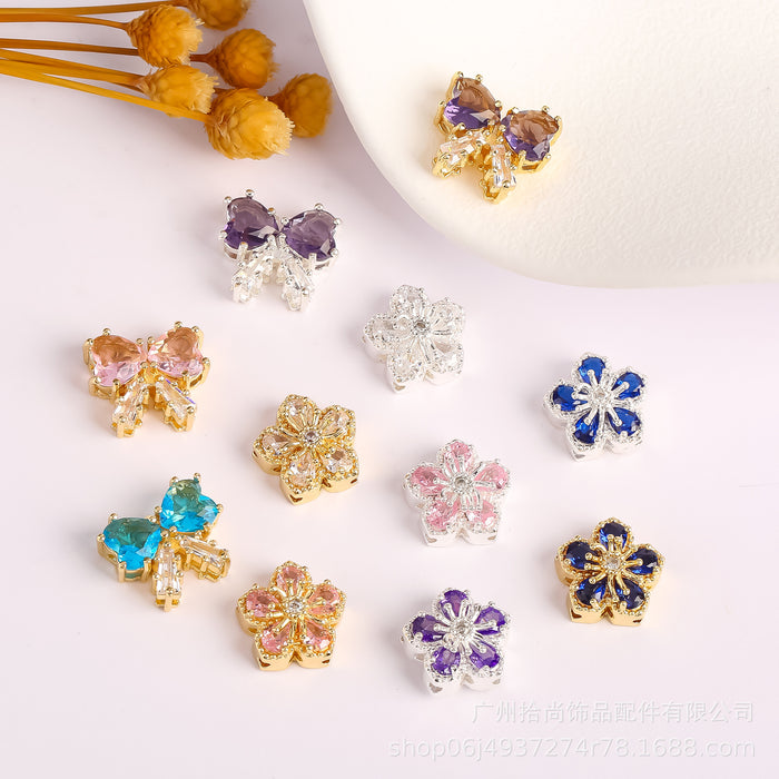 Wholesale Colored inlaid zircon with five petals of flowers, scattered beads, butterfly knots, heart-shaped zircon DIY handmade