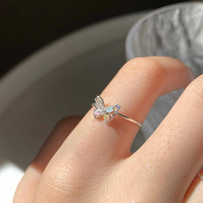 Wholesale Butterfly ring atmosphere inlaid with colorful zirconium ring, daily simple color dream butterfly index finger ring with opening