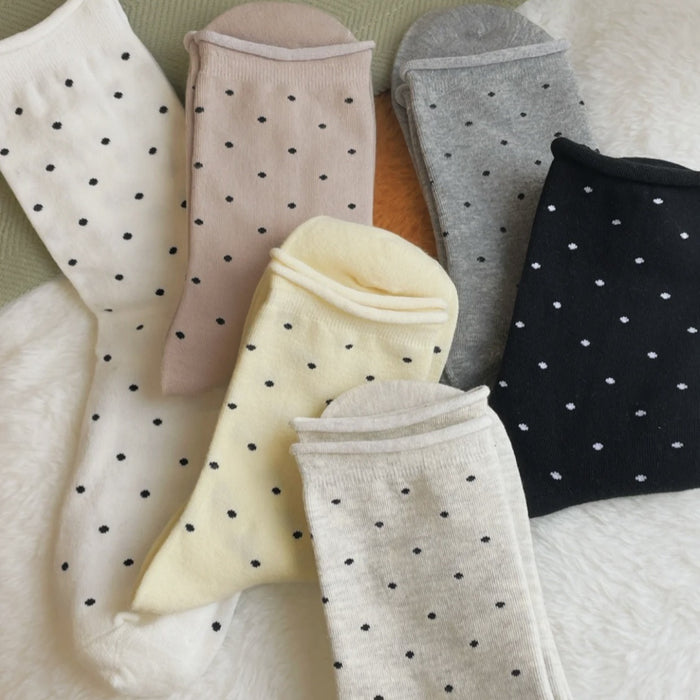 Wholesale Curled edge polka dot socks, mid tube socks, stacked socks, mid tube socks