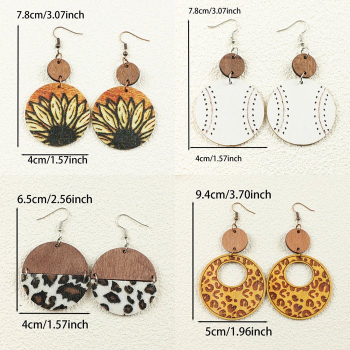 Wholesale Western Style Sunflower Old Wooden Disc Splicing Sports Baseball Leopard Print Women' s Wooden Earrings