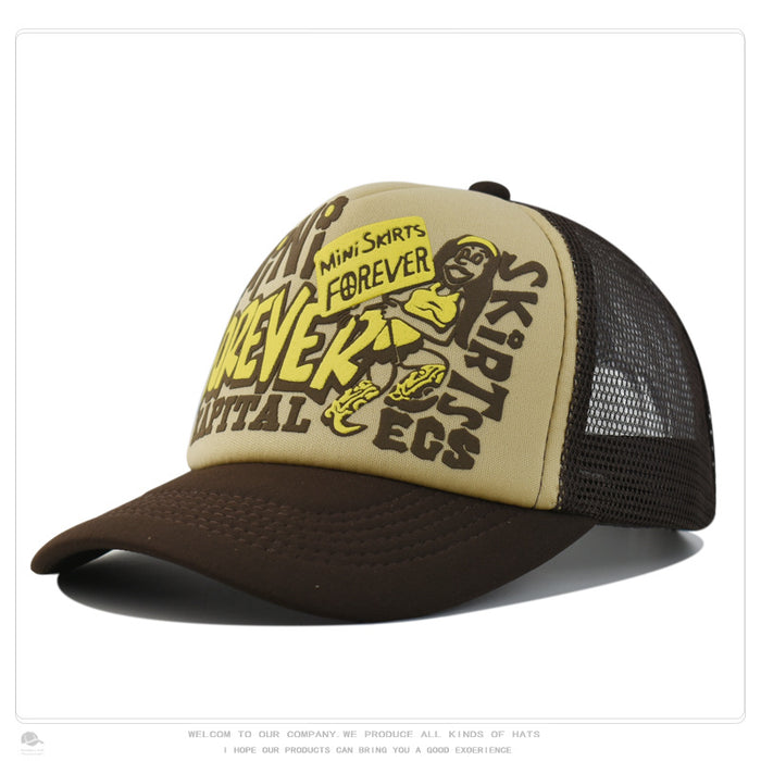 Wholesale Hip-hop printed letter baseball cap visor color-blocked street mesh trucker hat